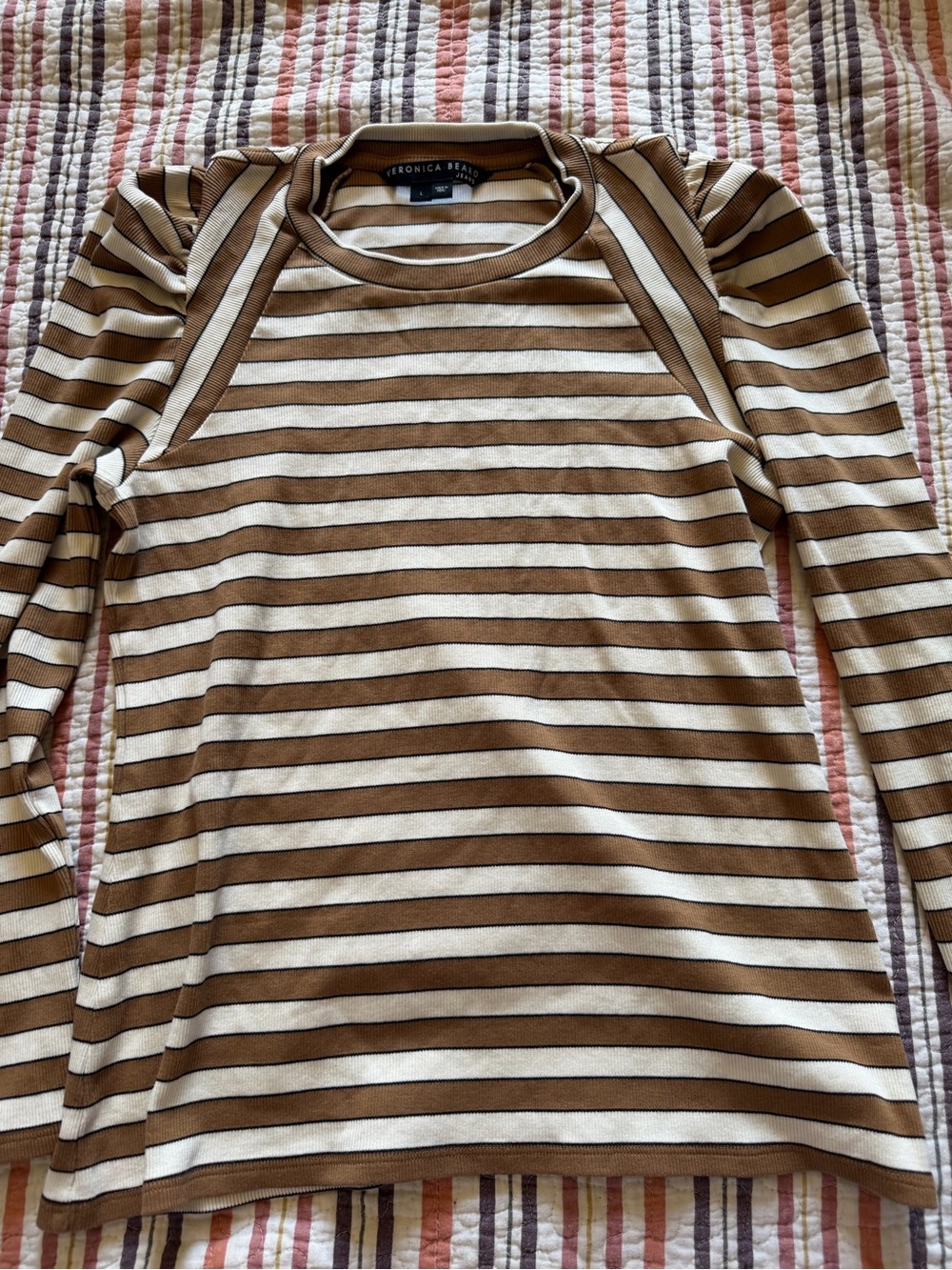 Veronica Beard Striped Puff-Sleeve Top in Brown & Cream